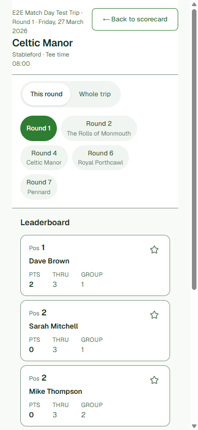 Live leaderboard in Who’s on the Tee on a phone - real screenshot