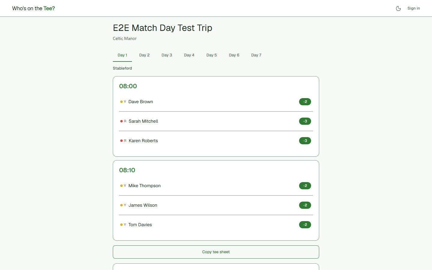 A public tee sheet page showing day tabs across the top of a multi-day trip, groups listed under their tee times with each player’s tee colour and playing handicap, and a Copy tee sheet button below.